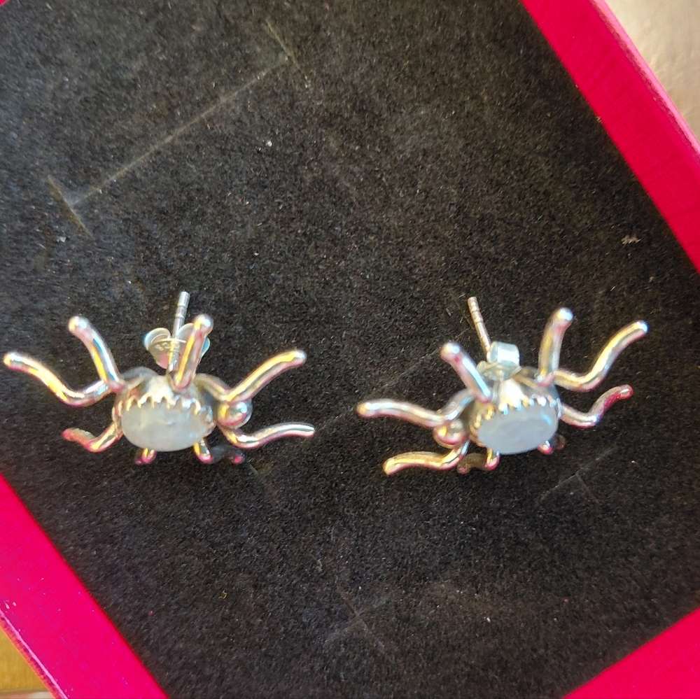 Spider Shaped Moonstone Silver Stud Statement Earrings - Picture 6 of 11